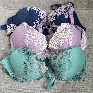Wacoal Lace-Trim Push-Up Bra Trio in Navy, Lavender & Teal